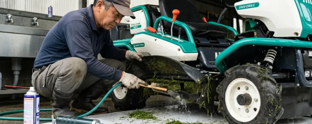 乗用モア車体の清掃（草・泥の除去）イメージ