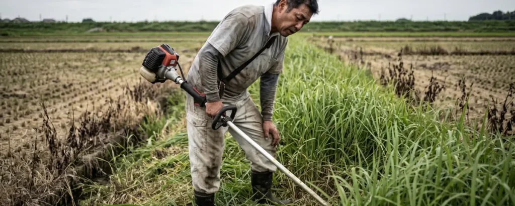 肩掛け式の刈払機を振り回し、腰や腕の痛みに耐えながらの作業は、想像以上の重労働です。