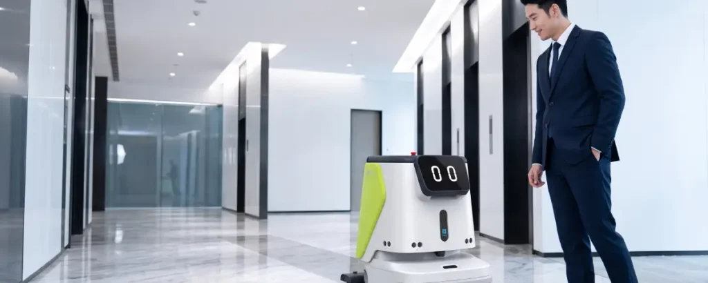 掃除ロボットとビジネスマンがオフィスで対峙する投資対効果イメージ