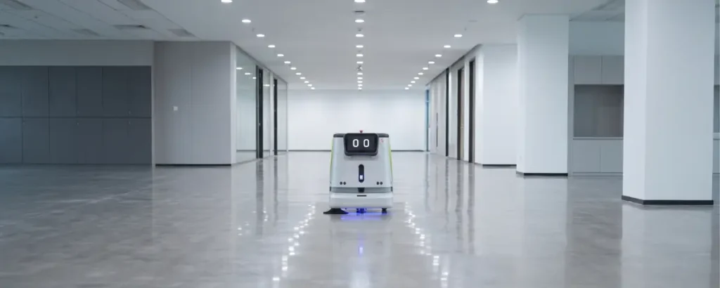 業務用掃除ロボットによる清掃の「無人化」は、もはや最も確実な投資である。掃除ロボット単体が広大なフロアを掃除するイメージ