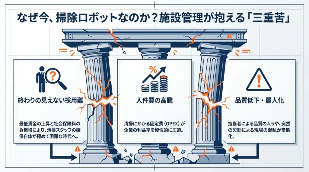 なぜ今、掃除ロボットなのか?施設管理が抱える「三重苦」。1. 終わりの見えない採用難、2. 人件費の高騰、3. 品質低下俗人化。イメージ図