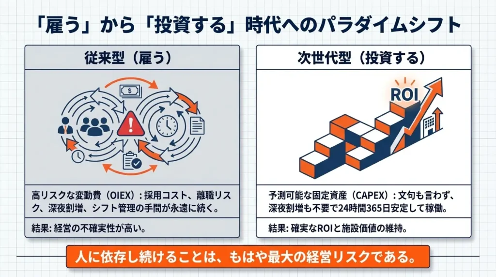 「雇う」から「投資する」時代のパラダイムシフト(枠組みの劇的な変化)。人に依存し続けることは、もはや最大の経営リスクである。イメージ図